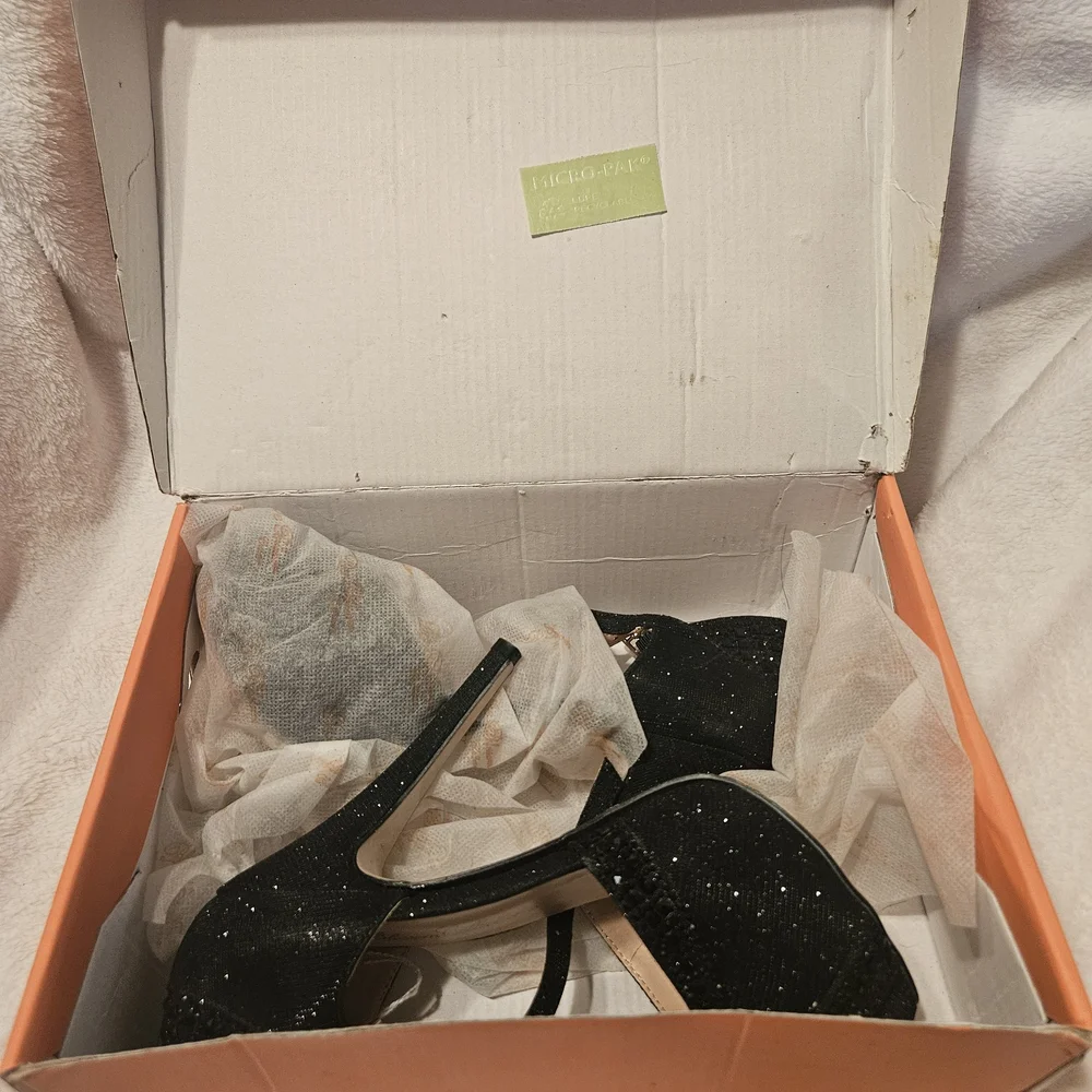De Blossom Collection Sparkling Black Ankle Strap Heels